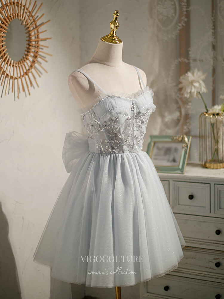 vigocouture-Grey Beaded Homecoming Dresses Spaghetti Strap Dama Dresses hc138-Prom Dresses-vigocouture-