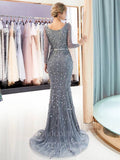 vigocouture-Grey Beaded Mermaid Long Sleeve Prom Dress 20292-Prom Dresses-vigocouture-