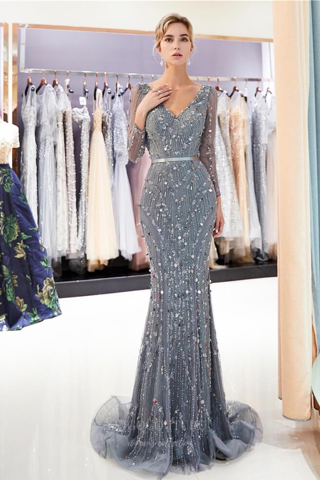 vigocouture-Grey Beaded Mermaid Long Sleeve Prom Dress 20292-Prom Dresses-vigocouture-Grey-US2-