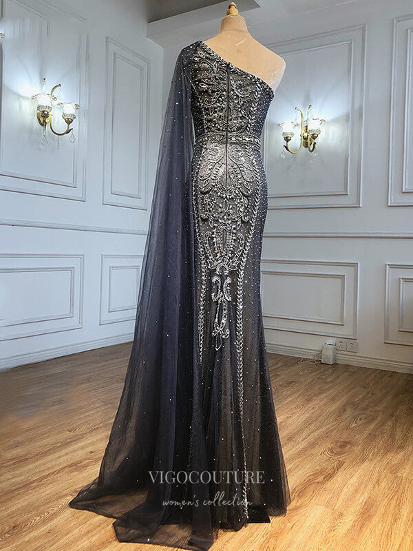 vigocouture-Grey Beaded Mermaid Prom Dresses One Shoulder Formal Dresses 21235-Prom Dresses-vigocouture-