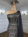 vigocouture-Grey Beaded Mermaid Prom Dresses One Shoulder Formal Dresses 21235-Prom Dresses-vigocouture-