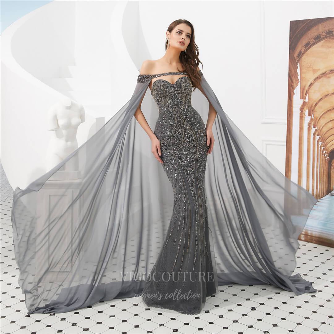 vigocouture-Grey Beaded Mermaid Removable Cape Prom Dress 20283-Prom Dresses-vigocouture-