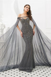 vigocouture-Grey Beaded Mermaid Removable Cape Prom Dress 20283-Prom Dresses-vigocouture-Grey-US2-
