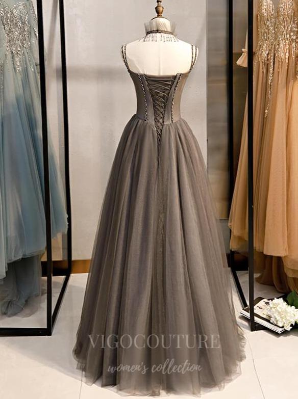 vigocouture-Grey Beaded Prom Dress 2022 Spaghetti Strap Formal Dress 20554-Prom Dresses-vigocouture-