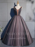 vigocouture-Grey Beaded Quinceañera Dresses V-Neck Ball Gown 20448-Prom Dresses-vigocouture-Grey-Custom Size-