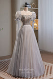 Grey Beaded Shimmering Tulle Prom Dress with Puffed Sleeve 22305-Prom Dresses-vigocouture-Grey-Custom Size-vigocouture