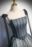 Grey Beaded Sparkly Tulle Prom Dress with Spaghetti Strap 22265-Prom Dresses-vigocouture-Grey-Custom Size-vigocouture