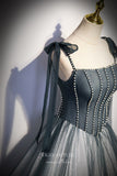 Grey Beaded Sparkly Tulle Prom Dress with Spaghetti Strap 22265-Prom Dresses-vigocouture-Grey-Custom Size-vigocouture