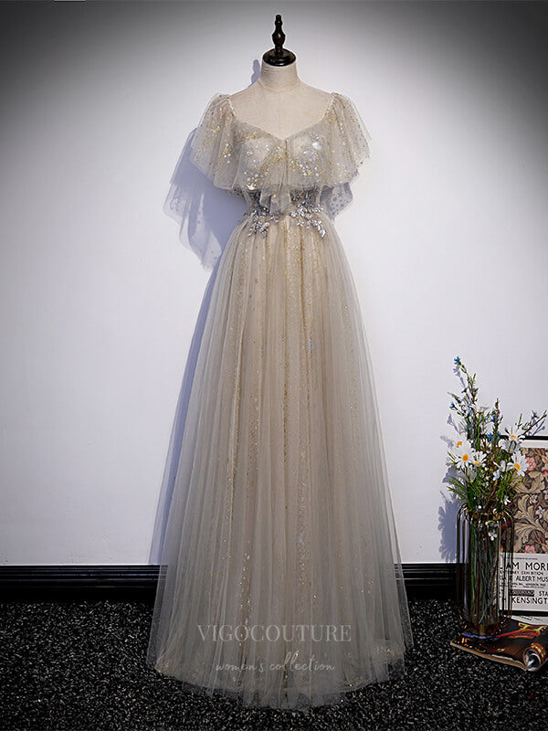 vigocouture-Grey Beaded Tulle Lace Applique Prom Dress 20895-Prom Dresses-vigocouture-Grey-Custom Size-