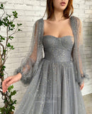 vigocouture-Grey Bishop Sleeve Prom Dresses Starry Tulle Maxi Dress 20977-Prom Dresses-vigocouture-