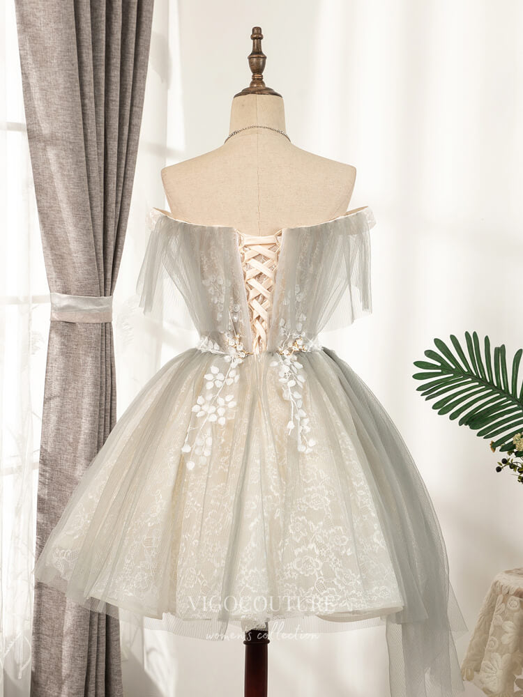 vigocouture-Grey Lace Applique Homecoming Dresses Off the Shoulder Dama Dresses hc105-Prom Dresses-vigocouture-