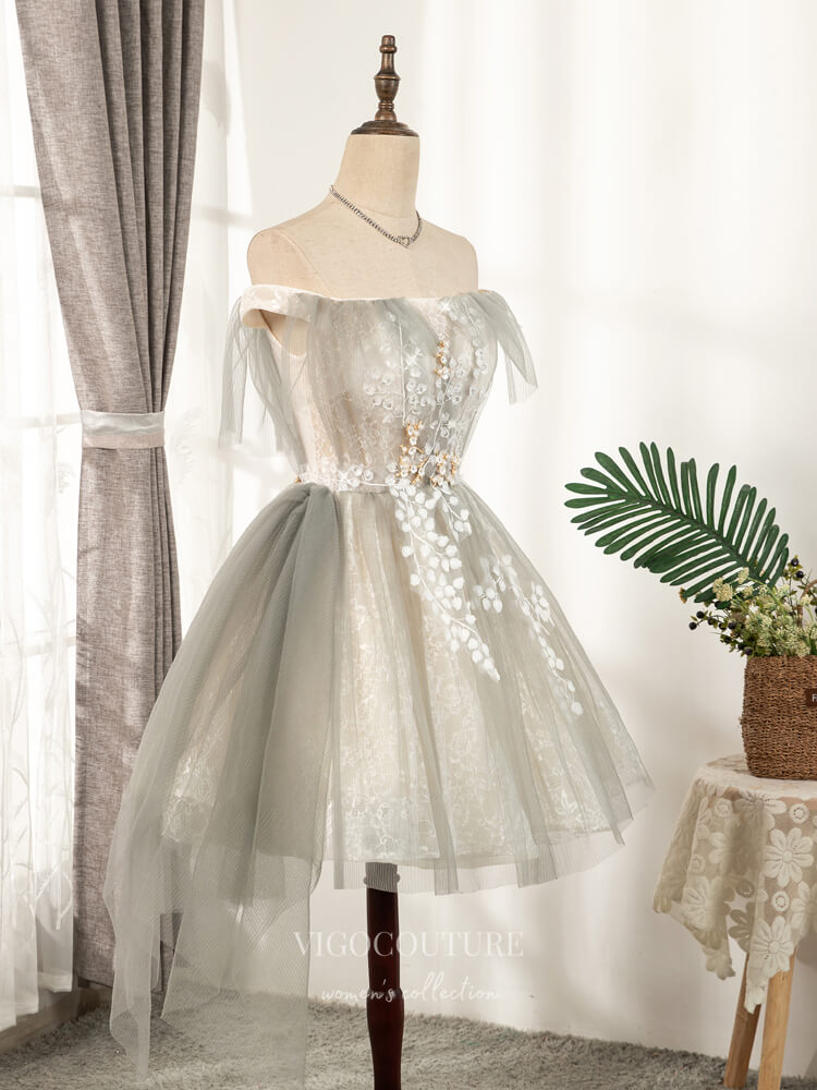 vigocouture-Grey Lace Applique Homecoming Dresses Off the Shoulder Dama Dresses hc105-Prom Dresses-vigocouture-