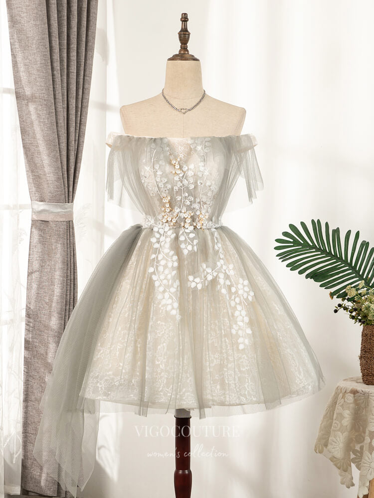 vigocouture-Grey Lace Applique Homecoming Dresses Off the Shoulder Dama Dresses hc105-Prom Dresses-vigocouture-Grey-US2-