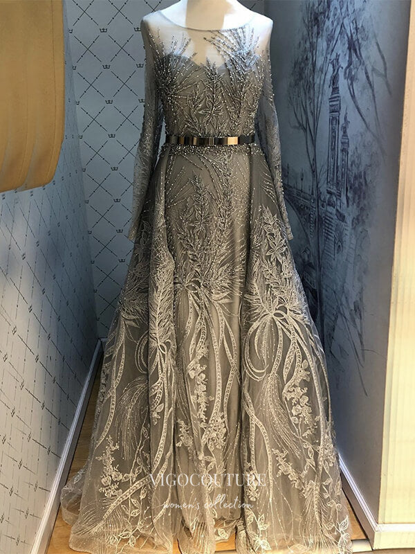 vigocouture-Grey Long Sleeve Formal Dresses Beaded Evening Dresses 21532-Prom Dresses-vigocouture-