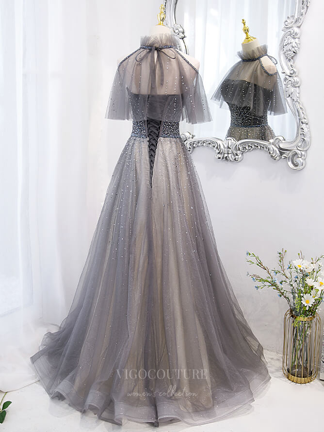 vigocouture-Grey Removable Beaded Tulle Prom Dress 20887-Prom Dresses-vigocouture-