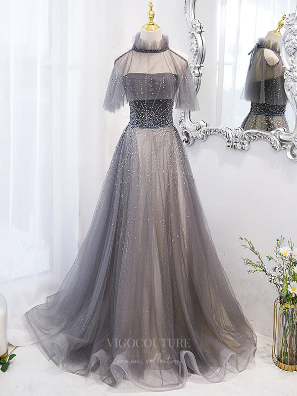 vigocouture-Grey Removable Beaded Tulle Prom Dress 20887-Prom Dresses-vigocouture-Grey-Custom Size-