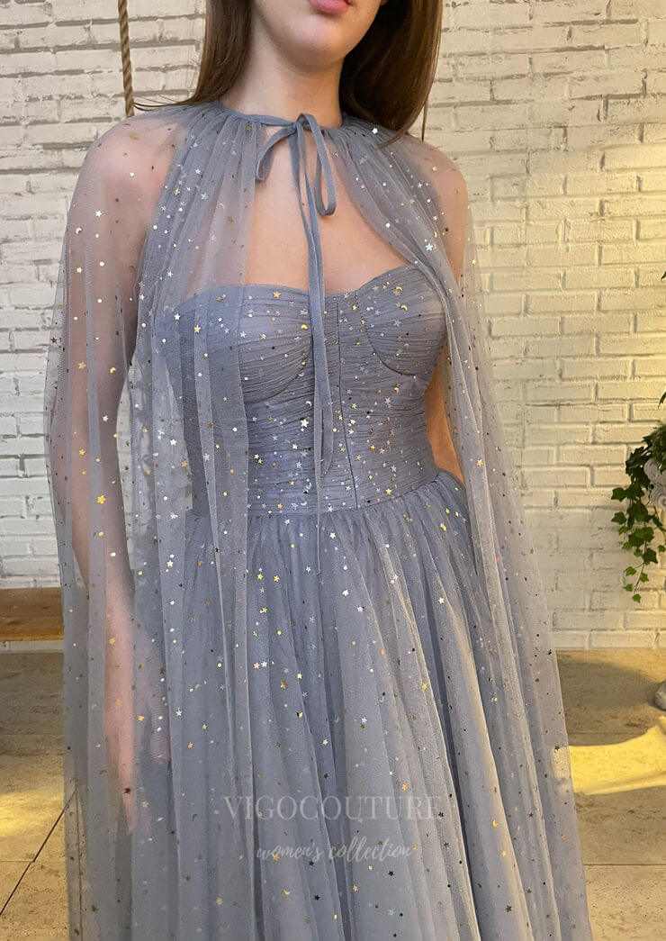 vigocouture-Grey Removable Cape Maxi Dress Sparkly Prom Dress 20976-Prom Dresses-vigocouture-