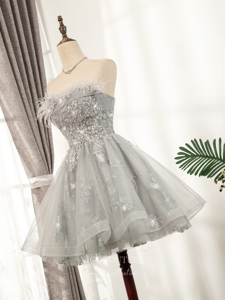 vigocouture-Grey Sparkly Beaded Homecoming Dresses Strapless Dama Dresses hc104-Prom Dresses-vigocouture-