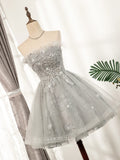vigocouture-Grey Sparkly Beaded Homecoming Dresses Strapless Dama Dresses hc104-Prom Dresses-vigocouture-