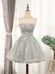 Grey Sparkly Beaded Homecoming Dresses Strapless Dama Dresses hc104