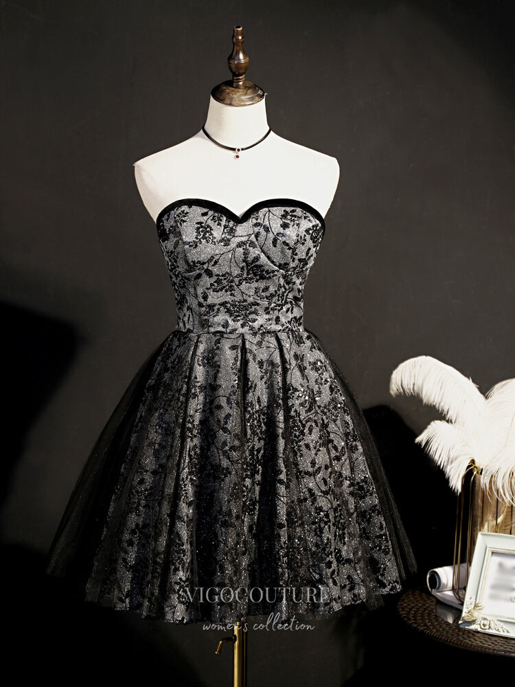 vigocouture-Grey Sparkly Lace Homecoming Dresses Strapless Dama Dresses hc116-Prom Dresses-vigocouture-Grey-US2-