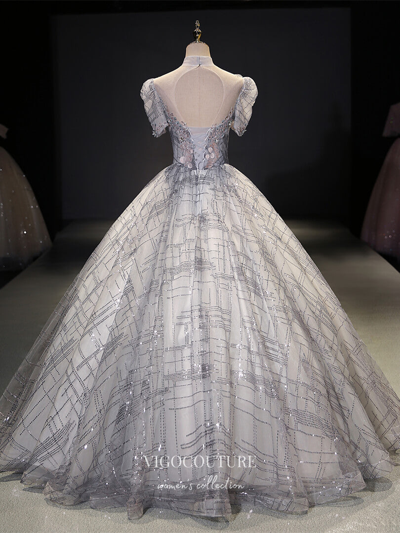 vigocouture-Grey Sparkly Tulle Quinceanera Dresses Lace Applique Sweet 15 Dresses 21419-Prom Dresses-vigocouture-