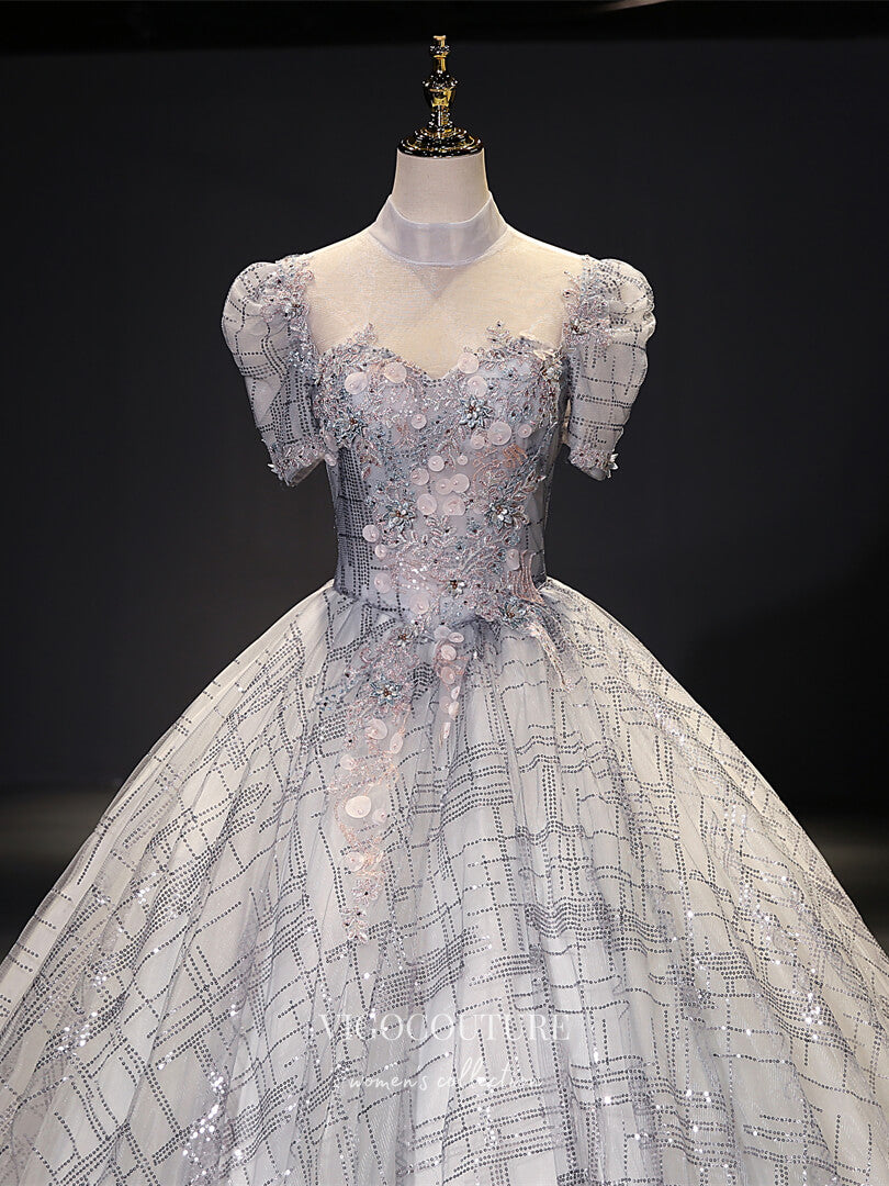 vigocouture-Grey Sparkly Tulle Quinceanera Dresses Lace Applique Sweet 15 Dresses 21419-Prom Dresses-vigocouture-