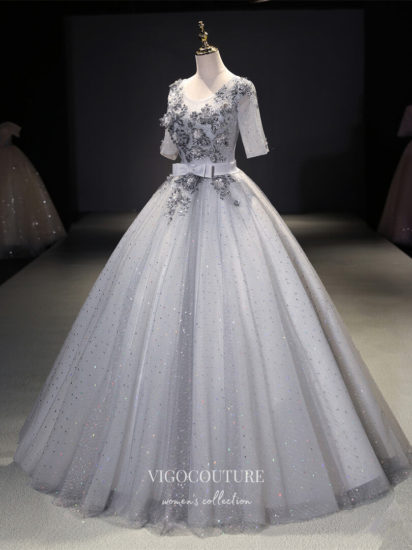 vigocouture-Grey Sparkly Tulle Quinceanera Dresses Lace Applique Sweet 16 Dresses 21418-Prom Dresses-vigocouture-