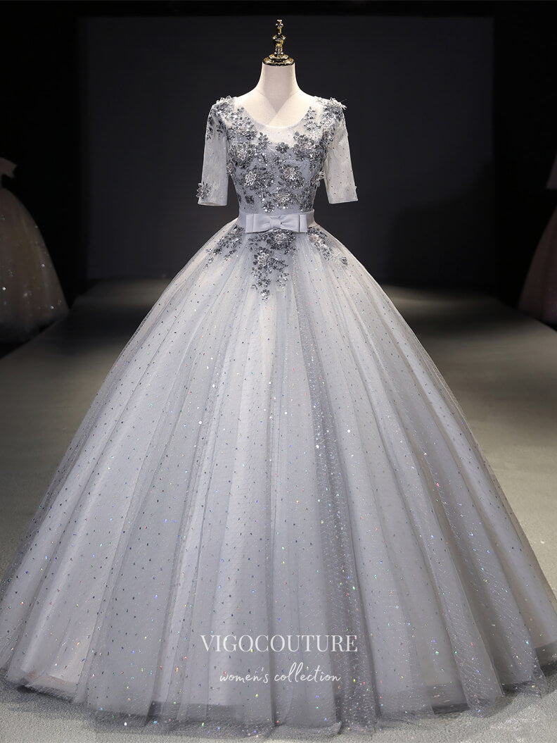 vigocouture-Grey Sparkly Tulle Quinceanera Dresses Lace Applique Sweet 16 Dresses 21418-Prom Dresses-vigocouture-Grey-Custom Size-