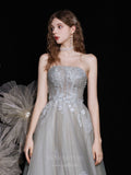 vigocouture-Grey Strapless Lace Applique Prom Dress 20719-Prom Dresses-vigocouture-