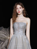 vigocouture-Grey Strapless Lace Applique Prom Dress 20719-Prom Dresses-vigocouture-