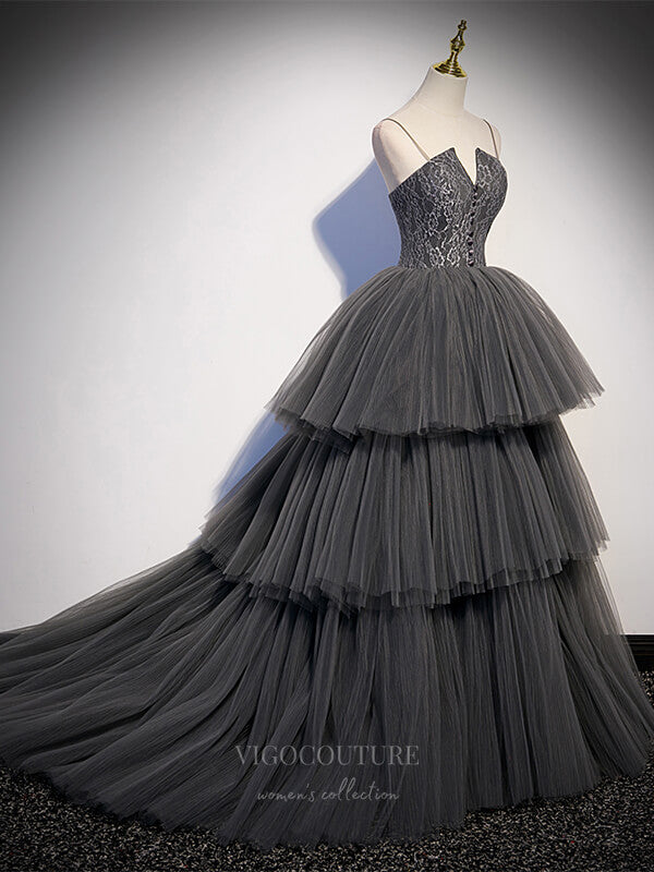 vigocouture-Grey Tiered Quinceanera Dresses Spaghetti Strap Sweet 16 Dresses 20908-Prom Dresses-vigocouture-