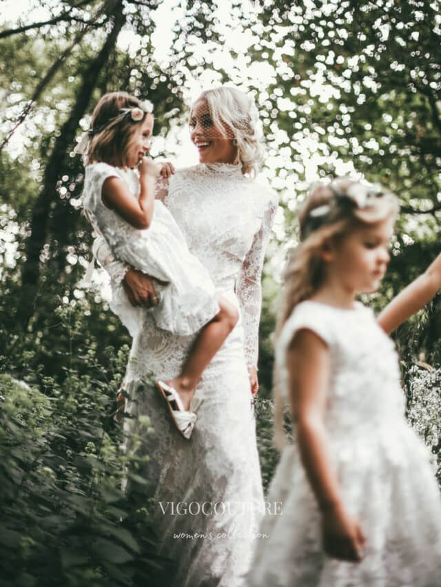 vigocouture-High Neck Boho Wedding Dresses Lace Bohemian Wedding Dresses W0016-Wedding Dresses-vigocouture-