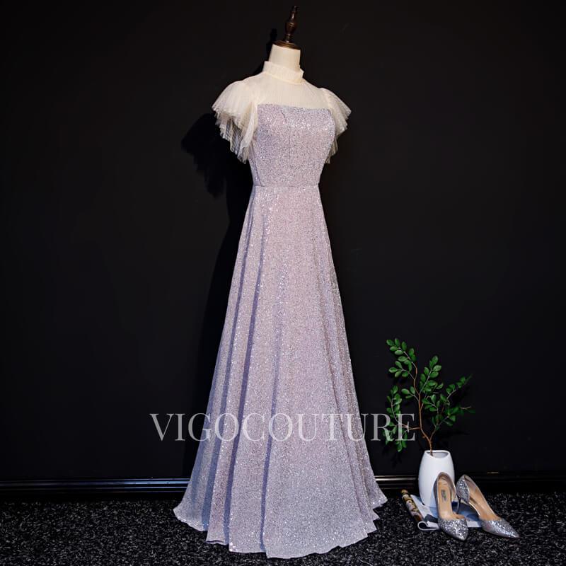 vigocouture-High Neck Mauve Prom Dresses A-line Short Sleeve Prom Gown 20280-Prom Dresses-vigocouture-