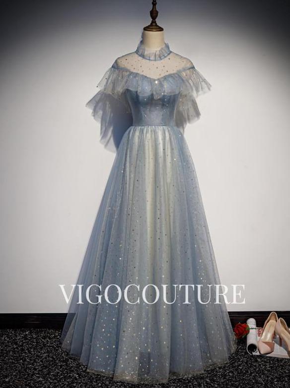 vigocouture-High Neck Ruffled Prom Dresses A-line Prom Gown 20291-Prom Dresses-vigocouture-Dusty Blue-US2-