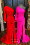 Hot Pink Satin Prom Dresses with Slit Mermaid One Shoulder Evening Dress 22026-Prom Dresses-vigocouture-Hot Pink-Custom Size-vigocouture