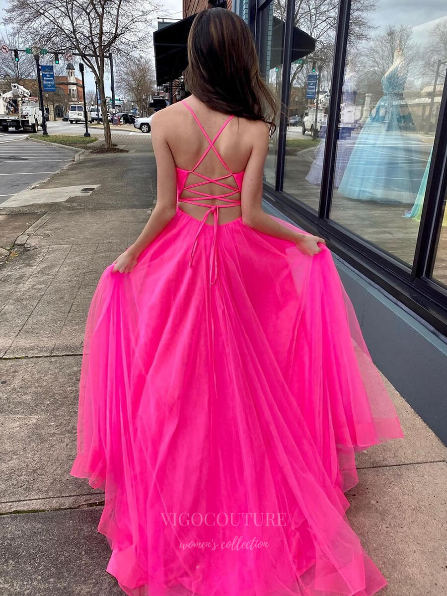 vigocouture-Hot Pink Tulle Prom Dress 20389-Prom Dresses-vigocouture-