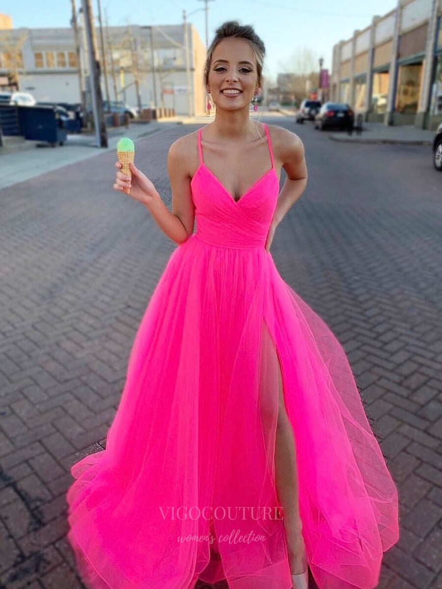 vigocouture Hot Pink Tulle Prom Dresses with Slit Spaghetti Strap Evening Dress 20389 Pink / US12