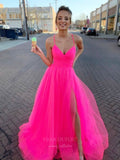 Hot Pink Tulle Prom Dresses with Slit Spaghetti Strap Evening Dress 20389