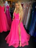 Hot Pink Tulle Prom Dresses with Slit Spaghetti Strap Evening Dress 20390