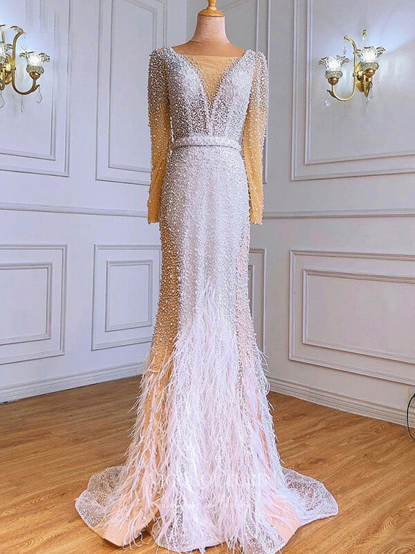 vigocouture-Ivory Beaded Mermaid Prom Dresses Long Sleeve Formal Dresses 21233-Prom Dresses-vigocouture-Ivory-US2-