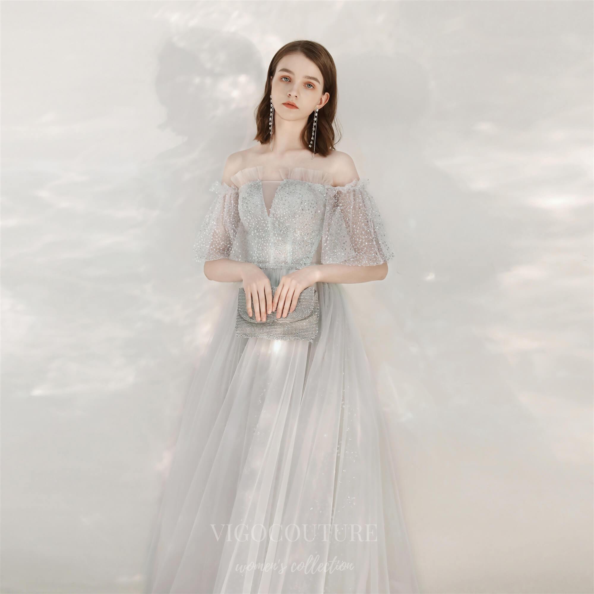 vigocouture-Ivory Beaded Off the Shoulder Prom Dress 20691-Prom Dresses-vigocouture-