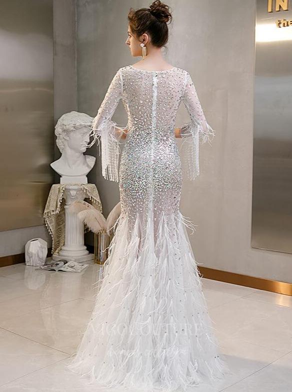 vigocouture-Ivory Feather Beaded Mermaid Prom Dress 20258-Prom Dresses-vigocouture-