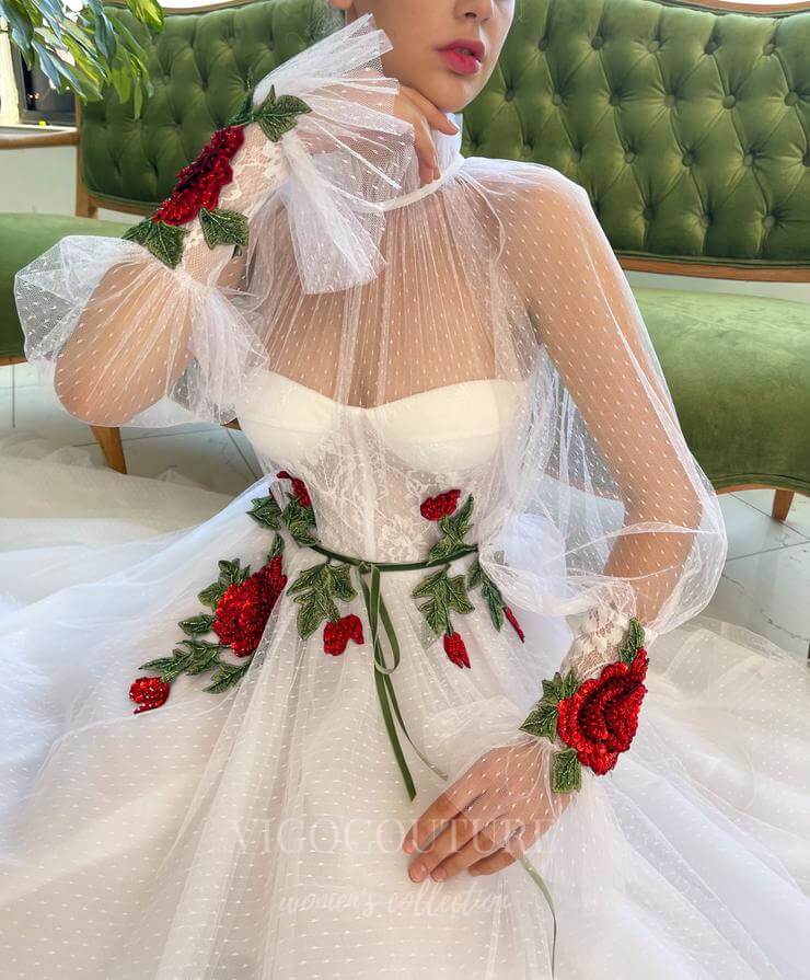 vigocouture-Ivory Floral Long Sleeve Prom Dress 20592-Prom Dresses-vigocouture-