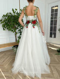 vigocouture-Ivory Floral Spaghetti Strap Prom Dress 20593-Prom Dresses-vigocouture-