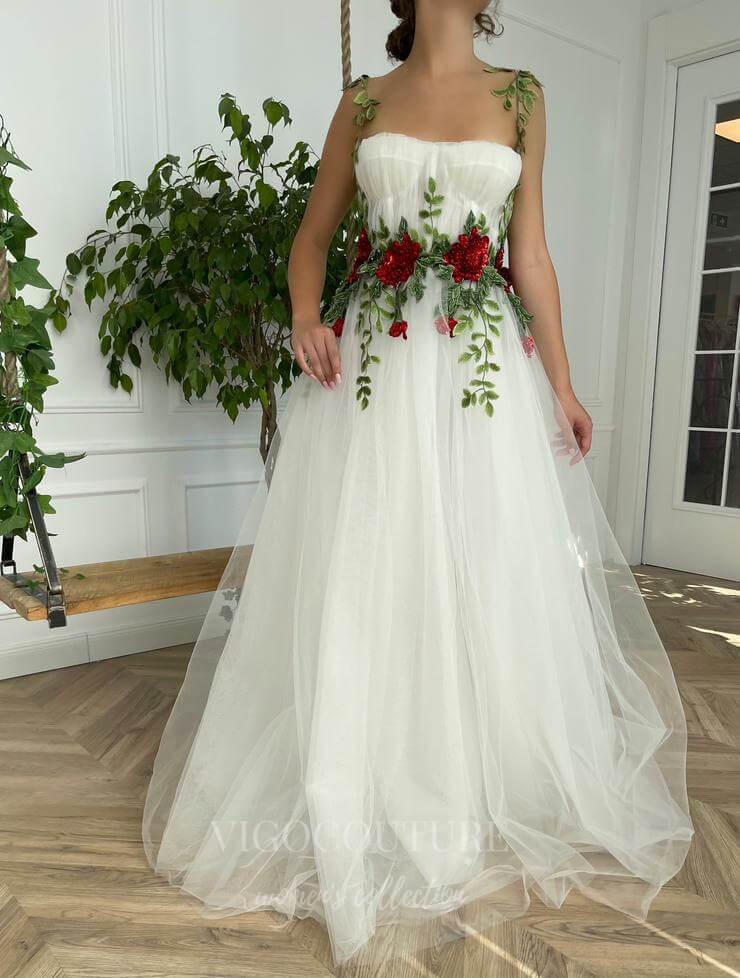 vigocouture-Ivory Floral Spaghetti Strap Prom Dress 20593-Prom Dresses-vigocouture-Ivory-US2-