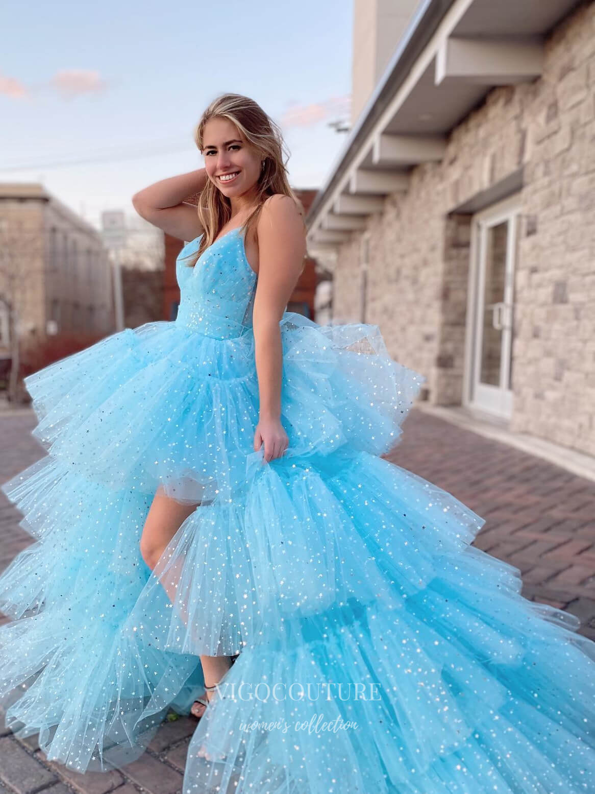 Ivory High Low Ruffled Prom Dresses Sparkly Tulle Spaghetti Strap Evening Dress 21718-Prom Dresses-vigocouture-Light Blue-US2-vigocouture