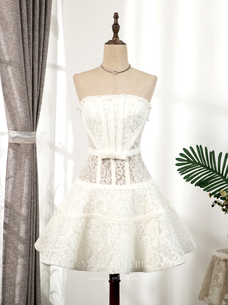 vigocouture-Ivory Lace Applique Homecoming Dresses Strapless Dama Dresses hc106-Prom Dresses-vigocouture-Ivory-US2-