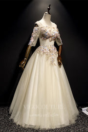 Ivory Lace Applique Quinceañera Dresses Elbow Sleeve Ball Gown 20437