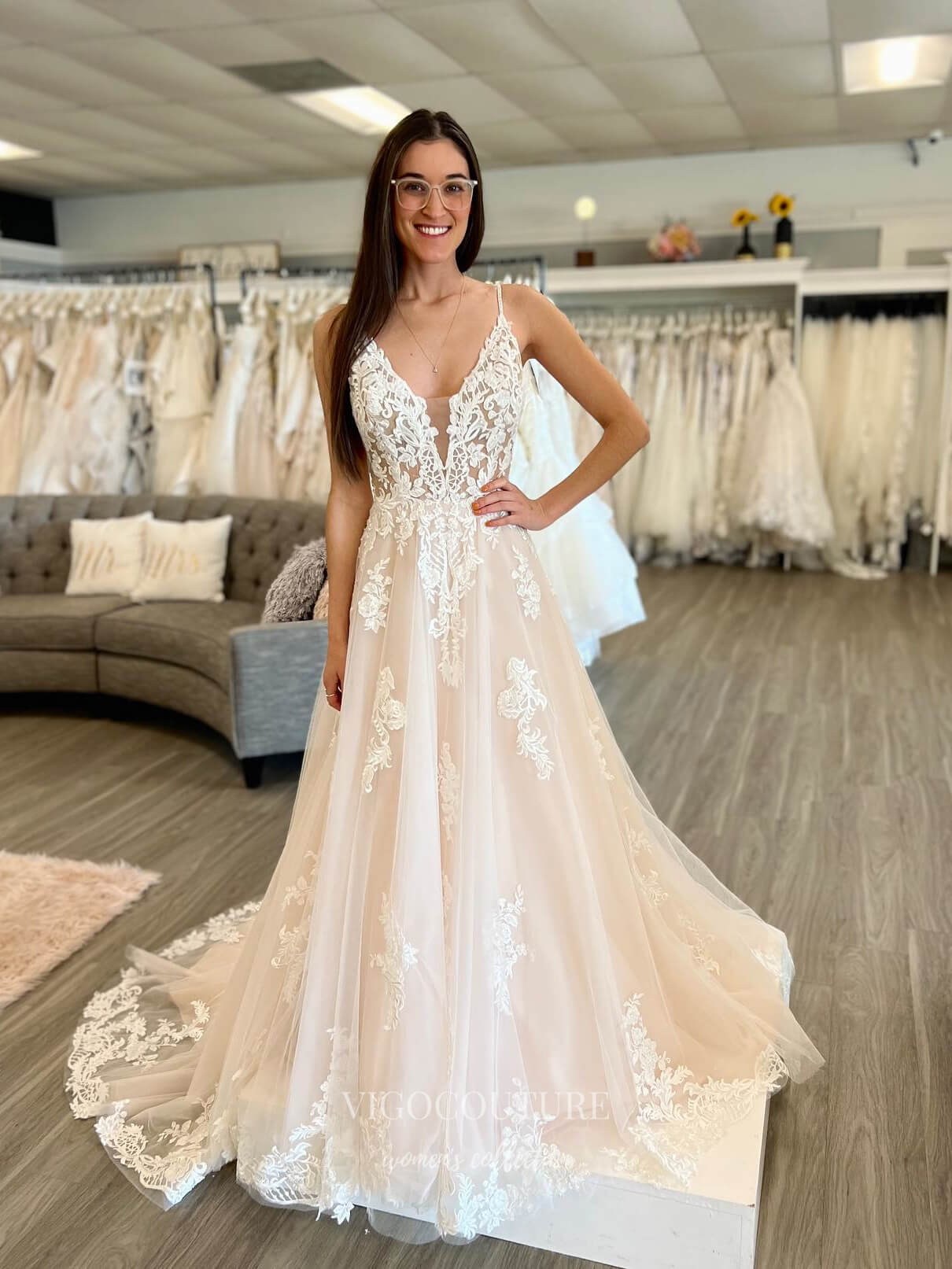 Ivory Lace Applique Wedding Dresses Spaghetti Strap Bridal Gown W0094-Wedding Dresses-vigocouture-Ivory-US2-vigocouture